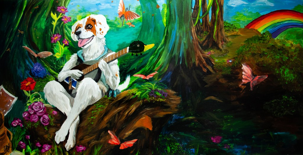Fantasy painting pet memorial painting with vibrant colors by leeleesarts ashley baker, original hand-painted artwork available for commission