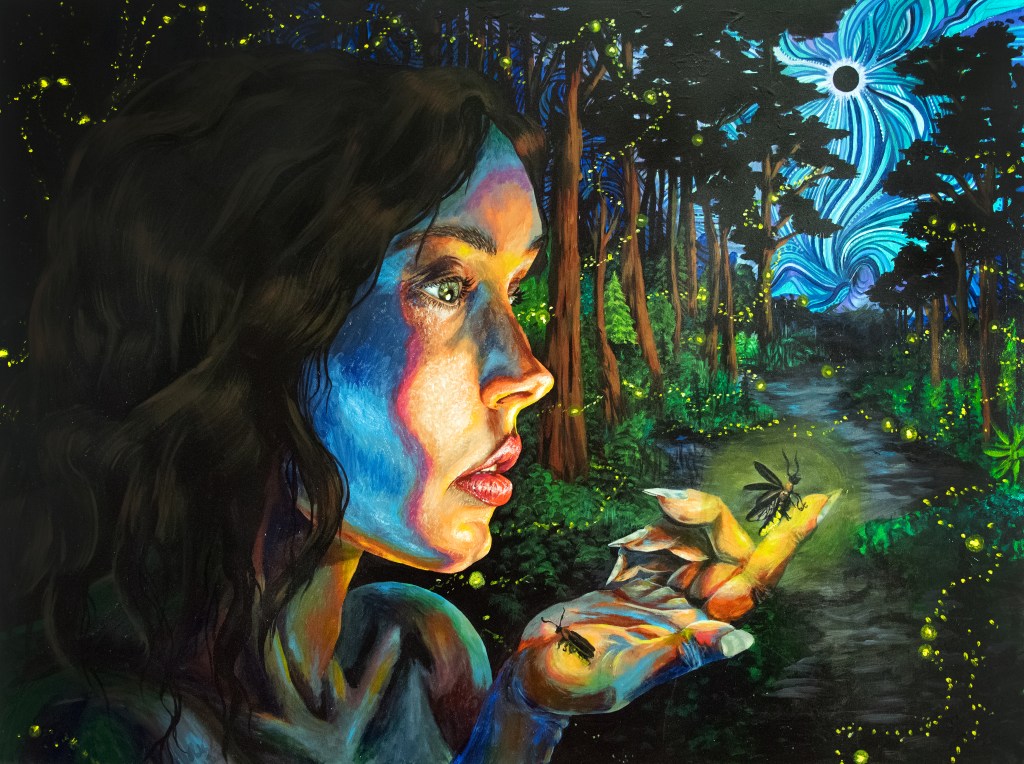 Surreal painting with eclipse by leeleesarts ashley baker, original hand-painted artwork available for commission