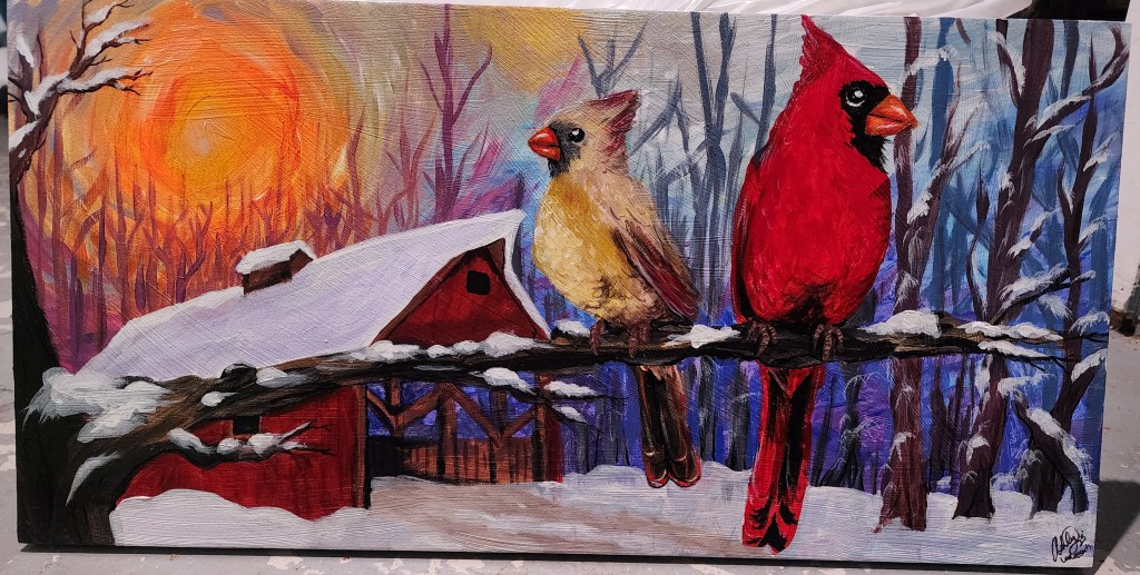 custom painting of cardinals in winter
